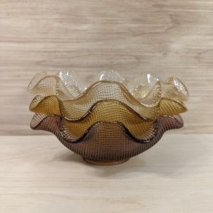 3 Mid Century Modern Colony Italian Glass Ruffled Edge Waffle Dessert Bowls